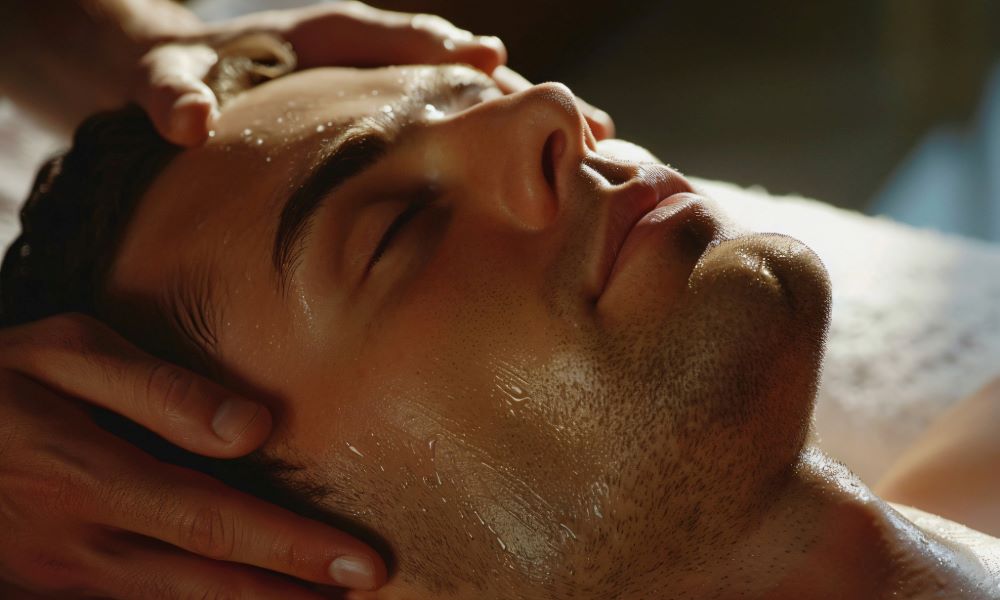 Mężczyzna podczas zabiegu masażu kobido